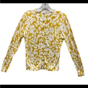 LOFT Yellow and White lightweight Button Up Cardigan Knit Sweater Med Casual EUC